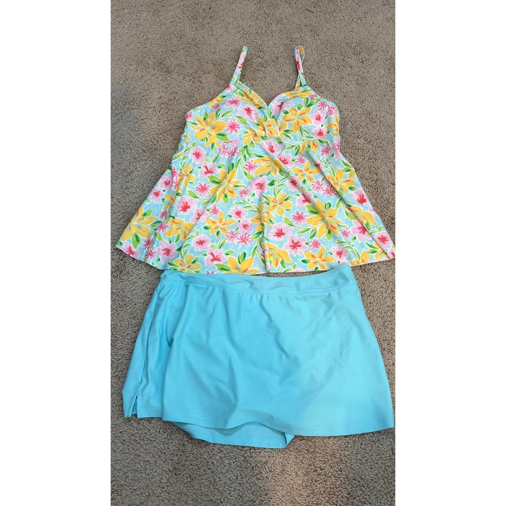 Crown & Ivy Tankini Swimsuit Blue Floral Women's Size M - Picture 2 of 9